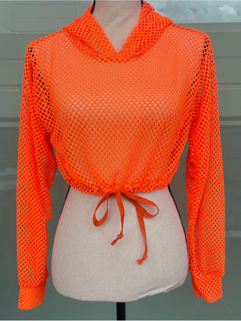 The Nick Neon Orange Mesh Cropped Hoodie with Drawstring Small